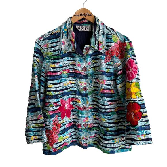 KEREN HART Floral Patchwork Quilted Button Multicolor Ladies Blazer, M - Picture 1 of 5